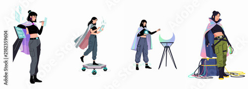 Photography Set of four futuristic female character illustrations in cyberpunk style, featuring advanced technology, gadgets, and sci-fi equipment on a white background