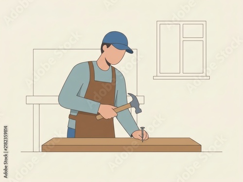 Vector cartoon of a carpenter working on woodworking project