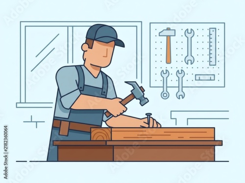 Woodworker in workshop building furniture with hammer and planks