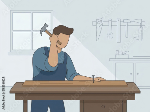Professional carpenter hammering a nail into wood at workbench vector illustration