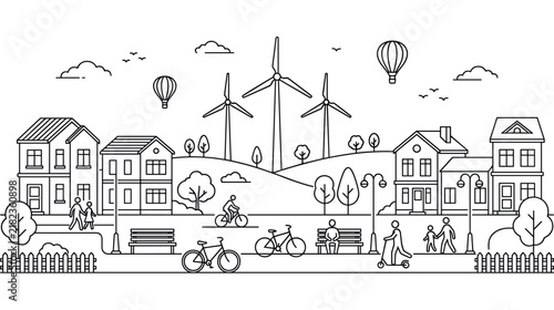 Green city with windmills and houses sustainable urban landscape vector outline.