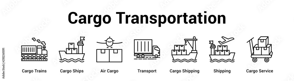 Obraz premium Cargo Transportation web banner icon vector illustration concept for Logistics & Transportation with icon of Cargo Trains, Cargo Ships, Air Cargo, Transport, Cargo Shipping, Shipping.