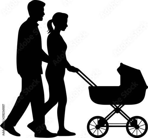Black silhouette of a young couple walking together and pushing a baby stroller, isolated on a plain white background.