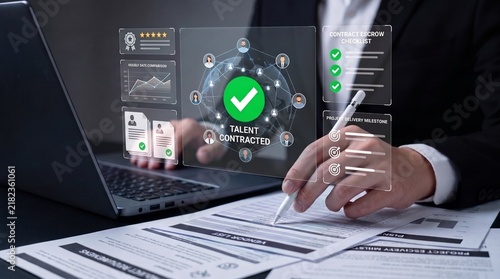 talent acquisition management. automated contract escrow checklist. digital hr compliance solution. business professional reviewing employee agreements and project delivery milestones.