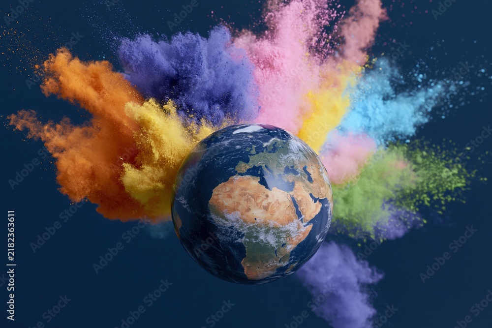 Fototapeta premium The Earth Surrounded by a Burst of Colorful Powder in Space