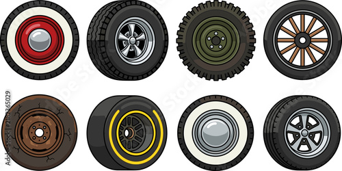 Фотография Automotive Car Tire and Wheel Rim Vector Set Featuring Vintage Whitewall Racing