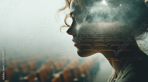 Mental health concept showing a woman immersed in an empty theater, symbolizing loneliness, social anxiety, isolation, emotional distance, introspection, vulnerability and inner emptiness