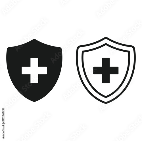 Medical shield icon set health insurance sign, healthcare symbol outline and filled variants