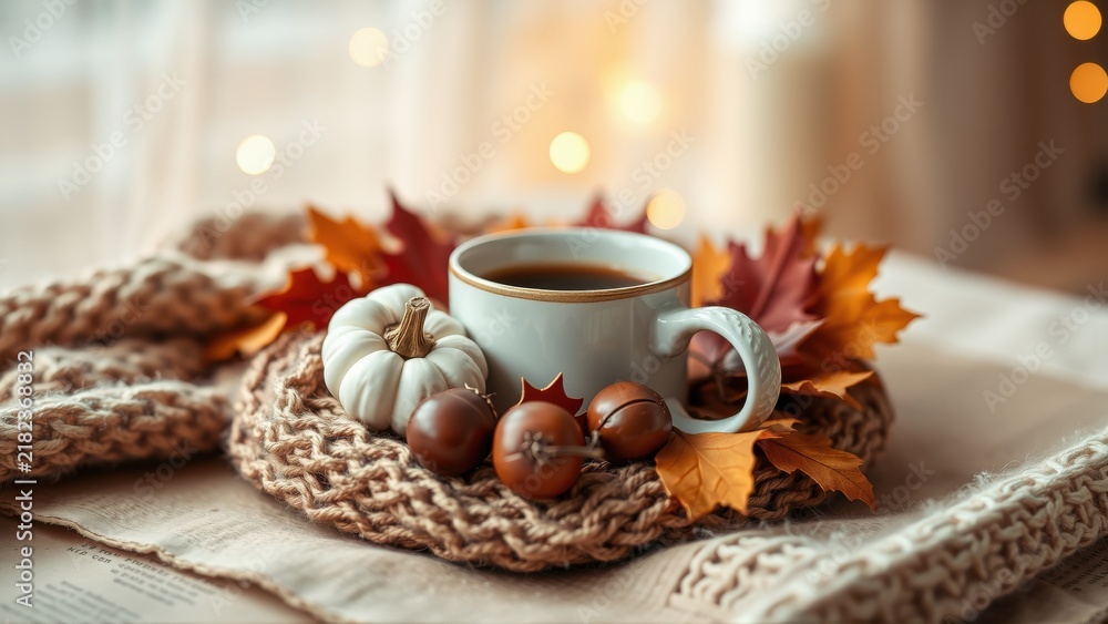 Fototapeta premium Cozy autumn scene. Coffee cup rests amid pumpkins, nuts, leaves. Warm lighting creates inviting atmosphere. Perfect fall vibes.