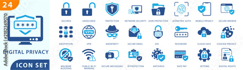 Digital privacy icons. Digital privacy icon set. Set icon of digital privacy. Vector illustration editable.