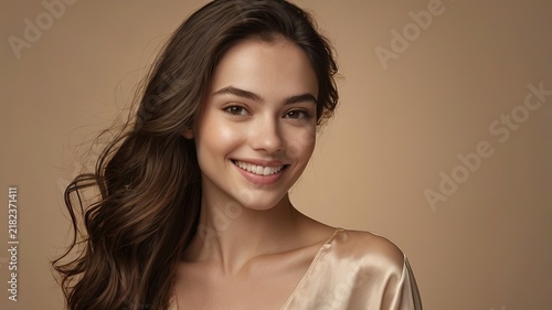 Female model with voluminous side-swept brunette hair smiles against a warm background.