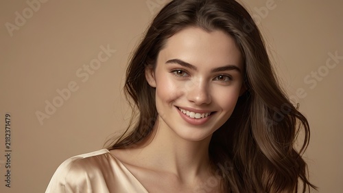 Brunette model in an elegant champagne silk top smiles warmly while posing in a studio.