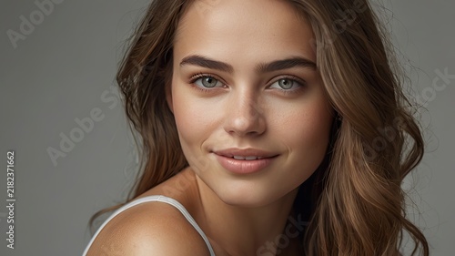 Young woman with glowing skin and wavy brown hair smiling softly against a grey studio background.