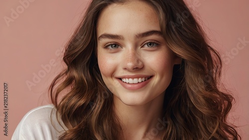 Smiling female model displays natural makeup and effortless hairstyle against a plain rose background.