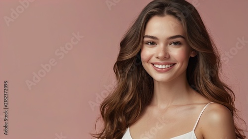 Young woman smiles warmly with healthy glowing skin and wavy brown hair against a soft studio backdrop.