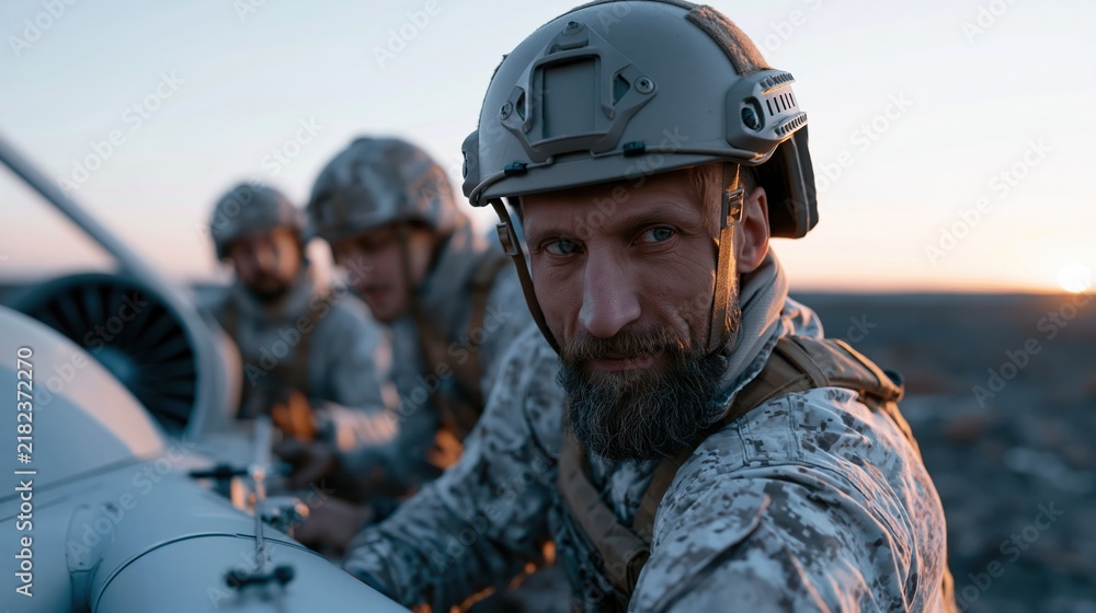 Obraz premium Intense Close-Up of Determined Soldier in Tactical Gear with Teammates and Aircraft at Sunrise