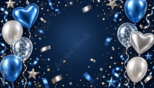 Blue and silver balloons with confetti for birthday celebration party