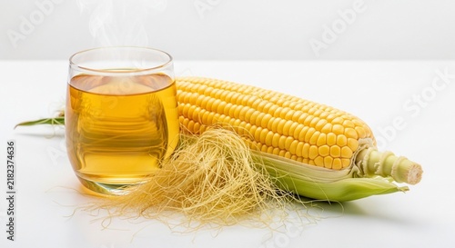 Fresh Corn Silk Tea in Glass Cup with Raw Corn Cob on White Background