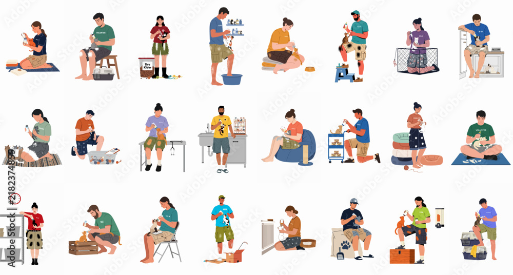 Fototapeta premium Set of flat vector illustrations depicting various people caring for, playing with, and grooming their domestic pet cats at home.