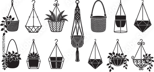 Set of hanging plant pots and macrame holders in black silhouette style for interior design elements