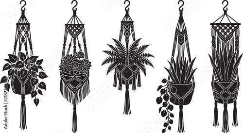 Set of five black silhouette macrame plant hangers with various indoor houseplants in a flat vector style