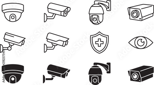 Set of security camera icons featuring surveillance equipment and protection symbols in flat vector style