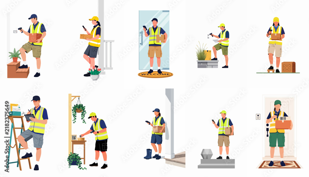 Naklejka premium Collection of Flat Vector Illustrations Featuring Delivery Workers in High-Visibility Vests Performing Various Tasks and Delivering Packages to Residential Doors.