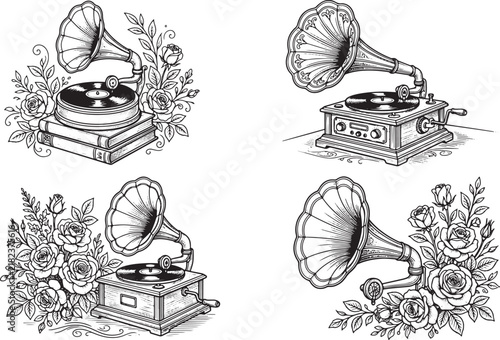 Vintage gramophone illustrations with floral arrangements and books in a detailed black and white ink sketch style