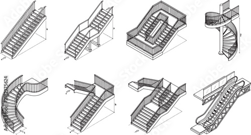 Technical diagram showing various types of architectural staircases and a mechanical escalator in isometric line art style