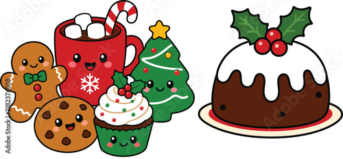 Cute cartoon illustration of a traditional christmas pudding with white icing and holly leaves on a plate