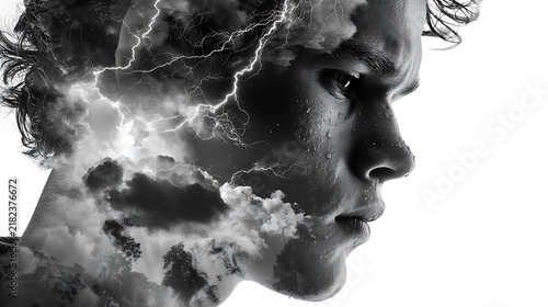 Surreal double exposure portrait of a man with a storm inside his head, symbolizing anxiety, emotional turmoil, stress, inner conflict, mental health and psychological struggle