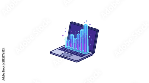 Laptop screen displaying rising bar chart growth data.