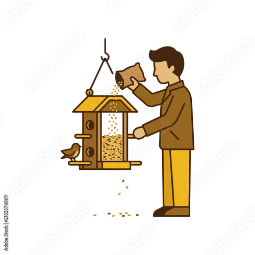 Man filling bird feeder.