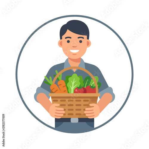 Smiling farmer holding wicker basket full of fresh vegetables.