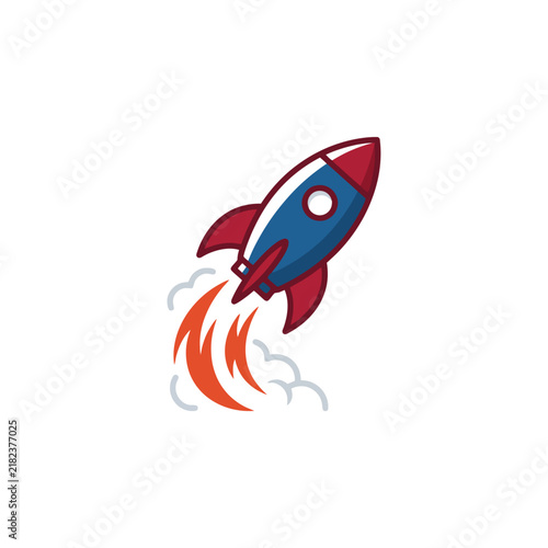 Space rocket launching with smoke and fire trail.
