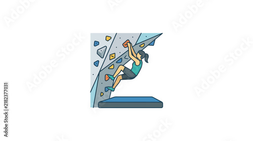 Woman climbing bouldering wall.