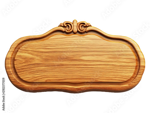 Decorative carved wooden signboard frame isolated on white background mockup