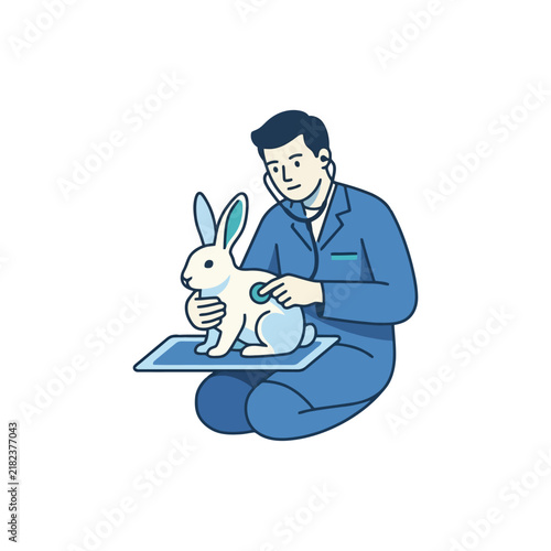 Veterinarian doctor examining white pet rabbit.
