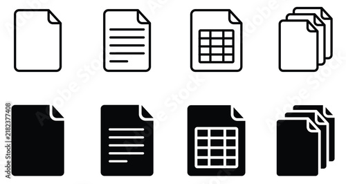 Set of document and file icons in line and solid style