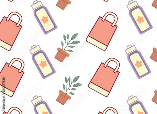 Modern seamless pattern featuring daily items like bottles, plants, and shopping bags, ideal for various design applications.