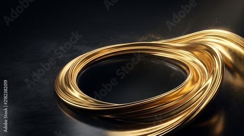 Elegant abstract golden wave flowing in circular motion on dark textured background with luxury sparkling light particles for premium design