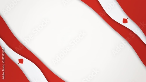 Patriotic abstract background inspired by the Canada flag: flowing ribbon paper cut layers in red and white with balanced 40 30 30 ribbon volumes and a red maple leaf locked onto the white band, arran