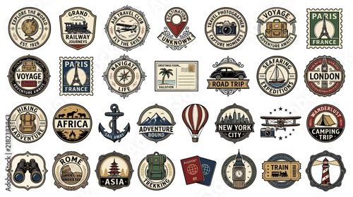 Vintage Travel Badges and Stamps Collection
