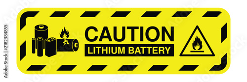 Lithium battery caution warning label with fire hazard symbol, isolated on white background