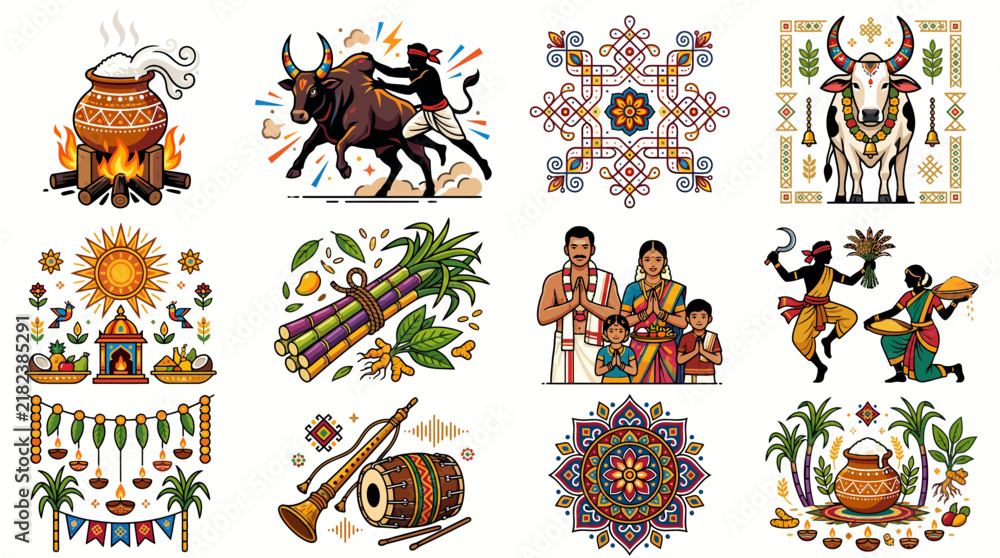 Obraz premium Pongal Festival Flat Vector Illustration Set, Tamil Harvest Kolam and Jallikattu Traditional Cultural Collection, 12 Cultural Designs
