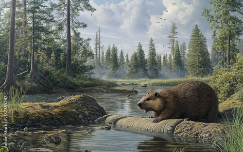 A massive prehistoric Castoroides giant beaver perches on a fallen log, surveying its habitat of a misty, serene forest pond