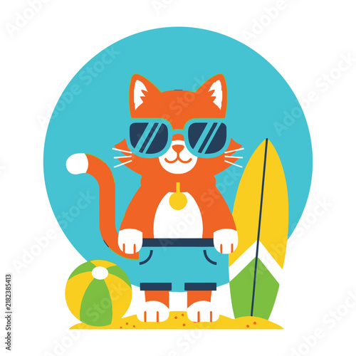 Принти на полотні Cute Orange Cat Wearing Sunglasses at the Beach with Surfboard and Summer Ball