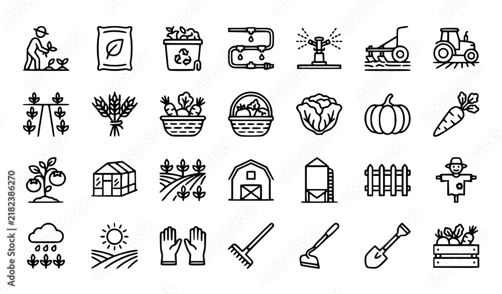 Fototapeta premium Sustainable Agriculture Farming Outline Icon Set