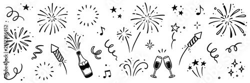 Hand drawn celebration elements set with fireworks, champagne, and confetti isolated on white background