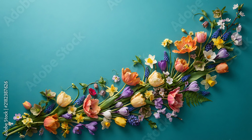A diagonal arrangement of assorted spring flowers including tulips, hyacinths, and daffodils placed on a solid teal blue background, showcasing a vibrant collection of fresh seasonal blooms